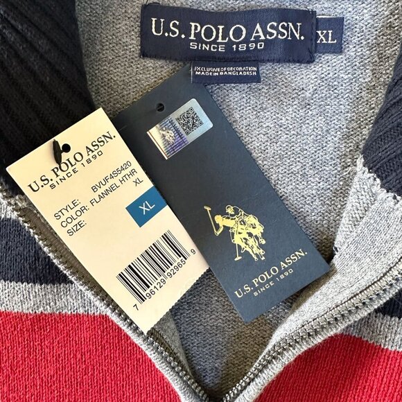 Men's Quarter Zip Sweater XL Gray Red Chest Stripe Preppy Classic Sporty Office - Picture 4 of 8